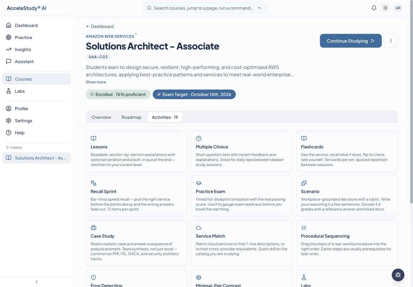 The course inventory explains the available activity formats.