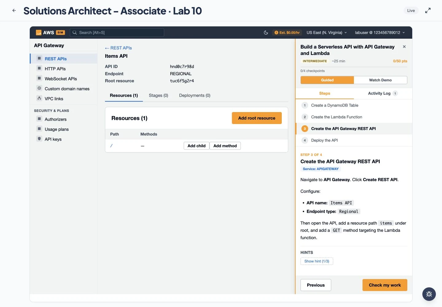 The simulated console keeps the lab instructions beside your work.